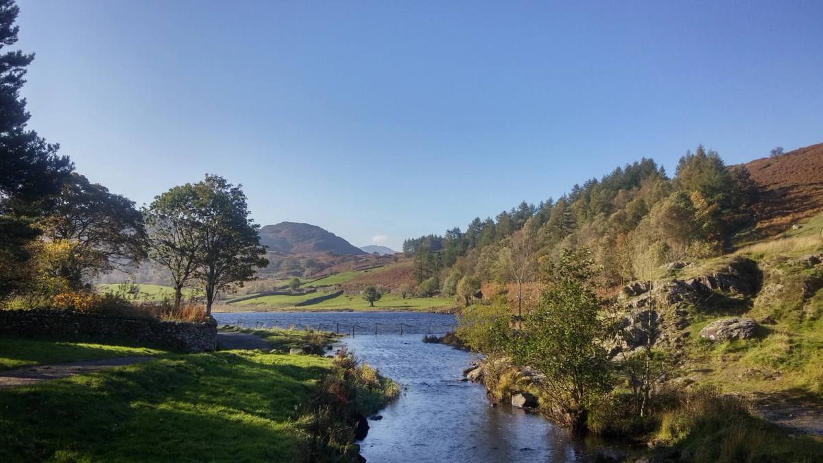 Watendlath Tarn lying among walled fields high in the fells