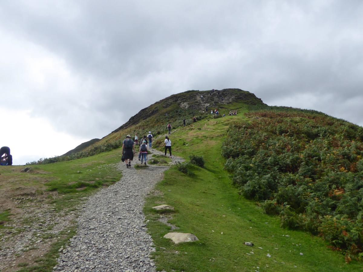 Walkers strung out along the grassy ridge path over Catbells