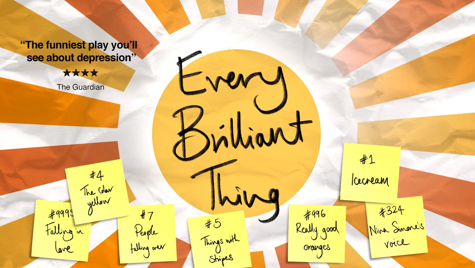 Promotional image for Every Brilliant Thing featuring post notes with brilliant things written on them