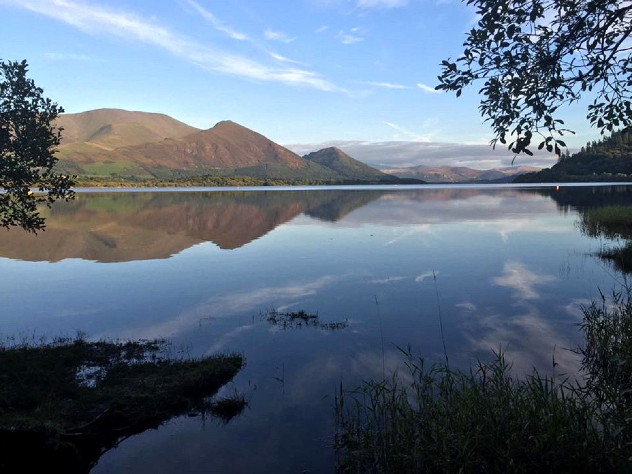 Bassenthwaite Lake lying still and framed by overhanging trees