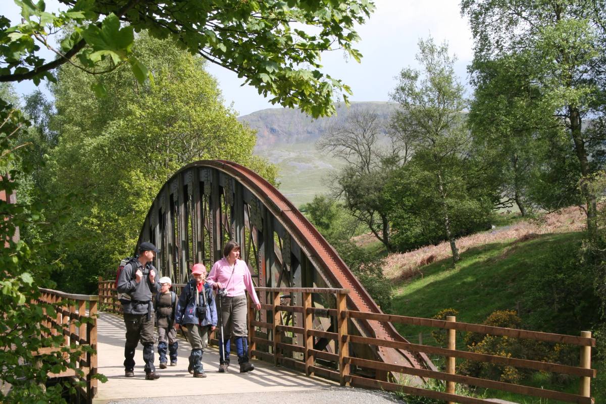 A group crossing a wooden arched footbridge on a wooded path