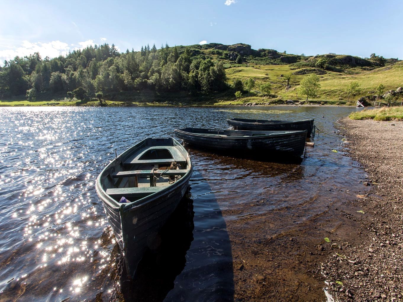 Wooden rowing boats pulled up on a shingle shore with sunlight on the water
