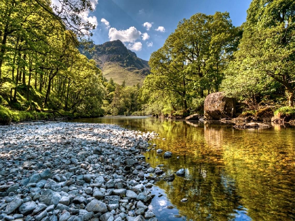 A shallow river running over pale cobbles between wooded banks