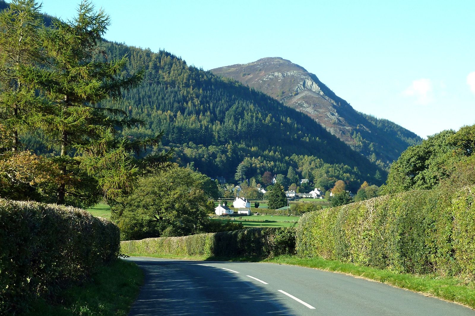 A quiet road curving through Thornthwaite between trees with the fell above