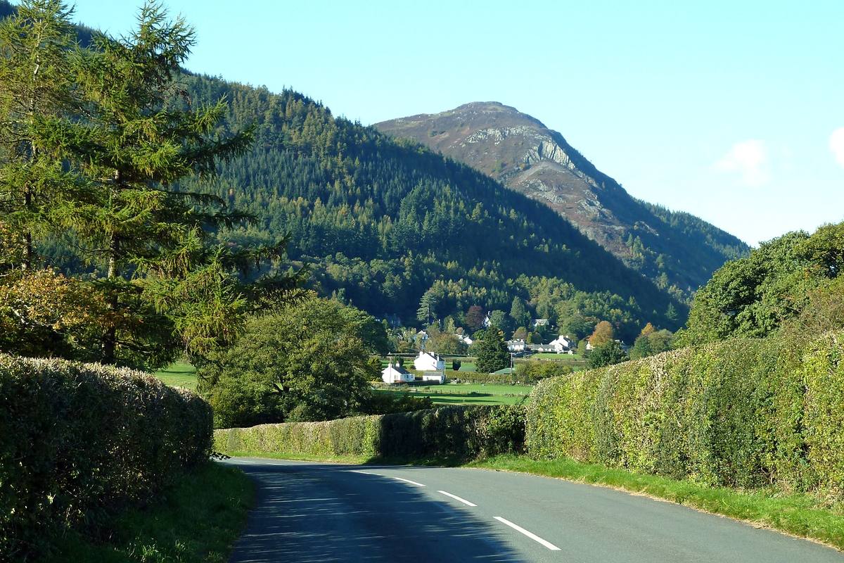 A quiet road curving through Thornthwaite between trees with the fell above