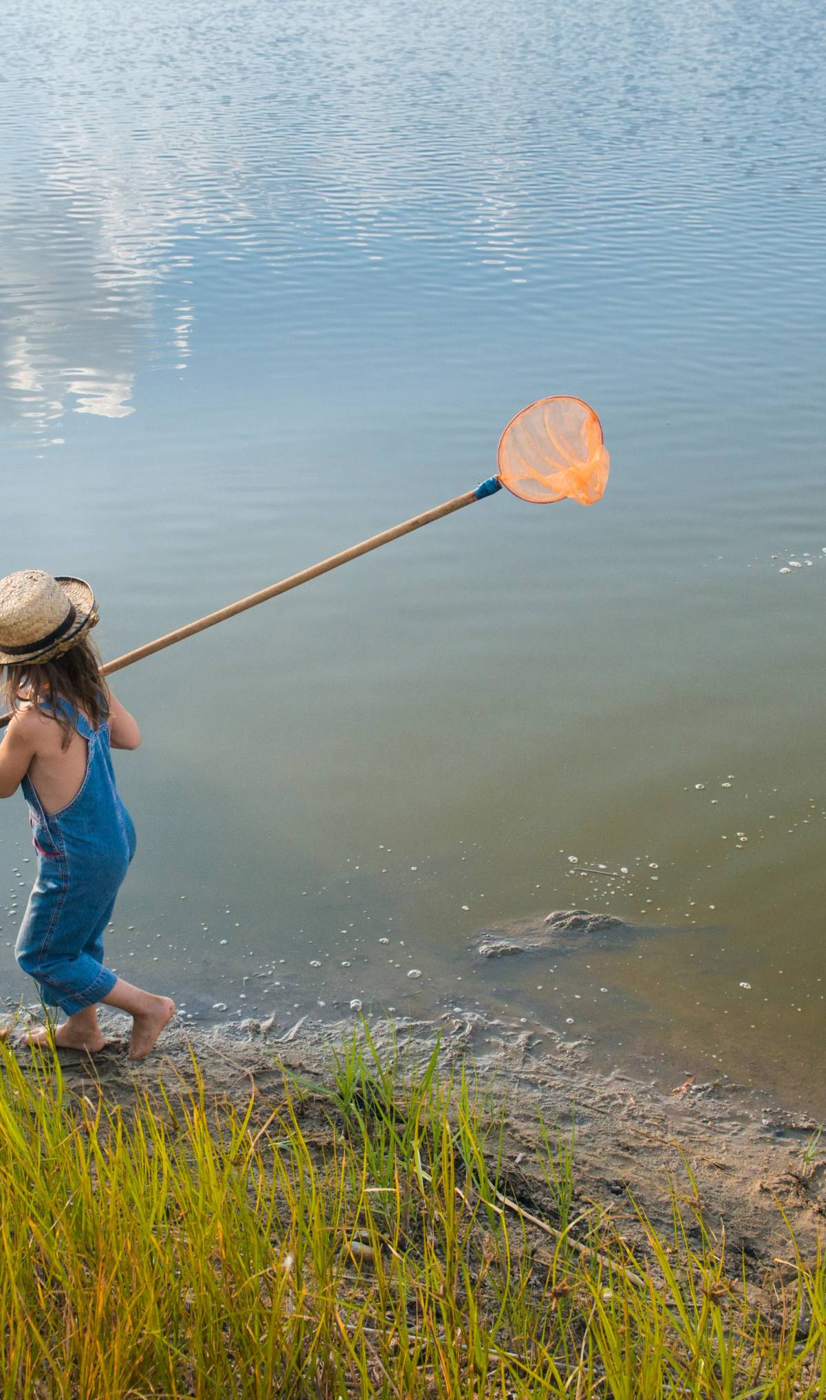 A child playing at the lake edge with a net