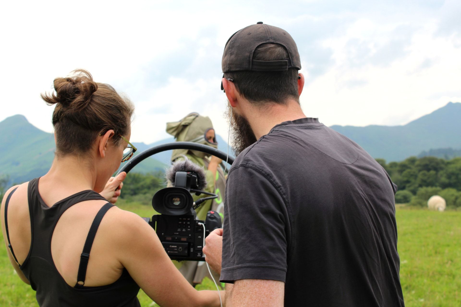 Artist Rebecca Beinart and cinematographer Laurence Campbell working on the Desire Lines film on Crow Park Keswick