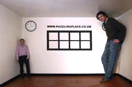Illusion room in the puzzling place, tall and tiny person