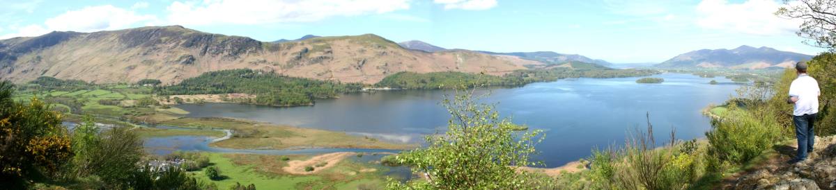 Derwentwater and the vale seen from the viewpoint above Ashness with a walker looking on
