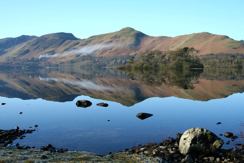 Derwentwater under a clear sky with the fells reflected in the water