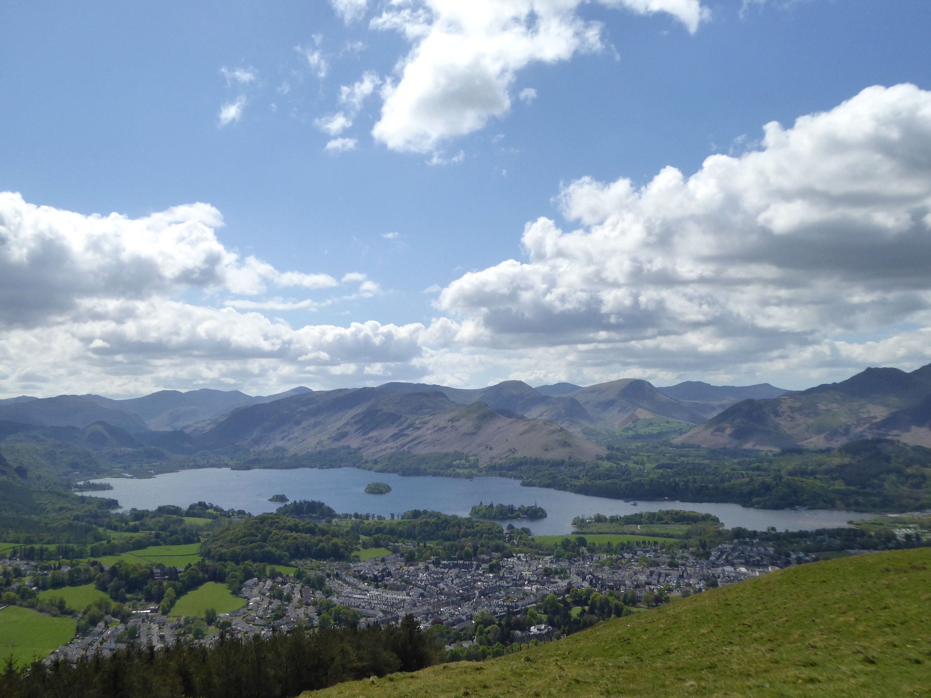 Derwentwater and Keswick spread out below the grassy summit slopes of Latrigg
