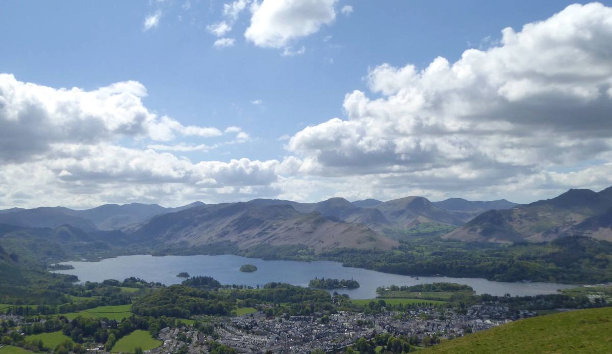 Derwentwater and Keswick spread out below the grassy summit slopes of Latrigg