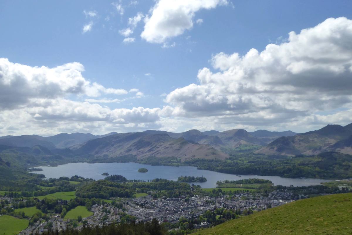 Derwentwater and Keswick spread out below the grassy summit slopes of Latrigg