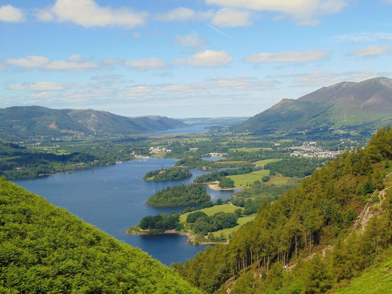 Derwentwater running away below the wooded edge of Walla Crag