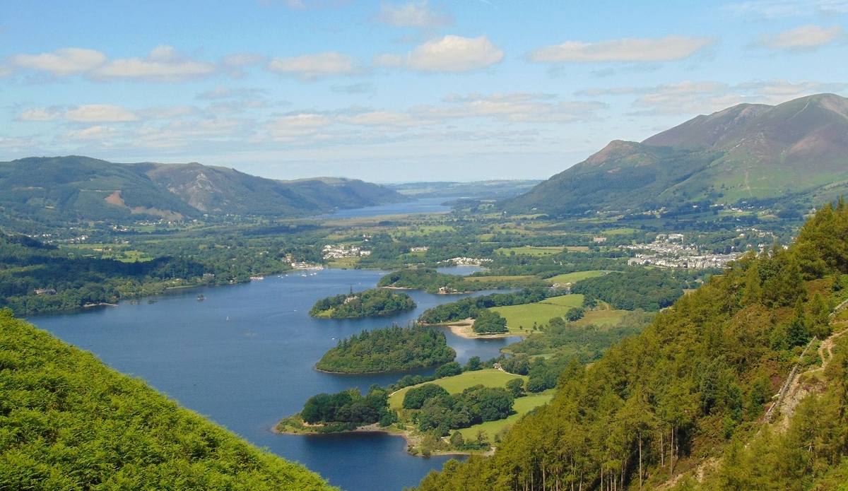 Derwentwater running away below the wooded edge of Walla Crag
