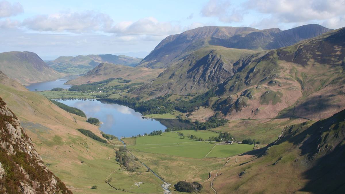 Buttermere and Crummock Water seen from the fells above the valley