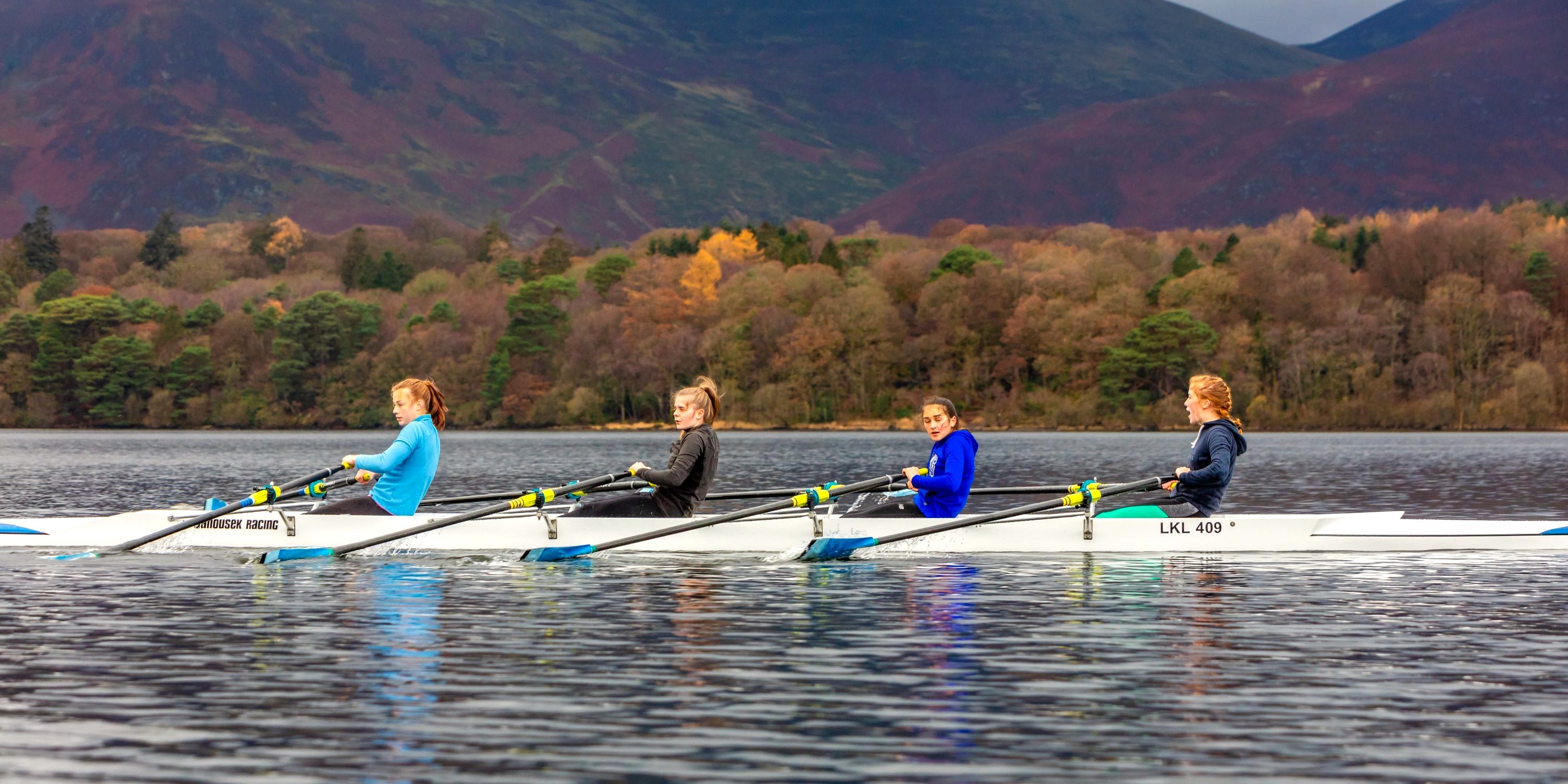 A Lakeland RC girl’s crew of Ella Horne (at stroke), Olena Rawlinson, Anna Campion and Betsy Lucas take part in the trial