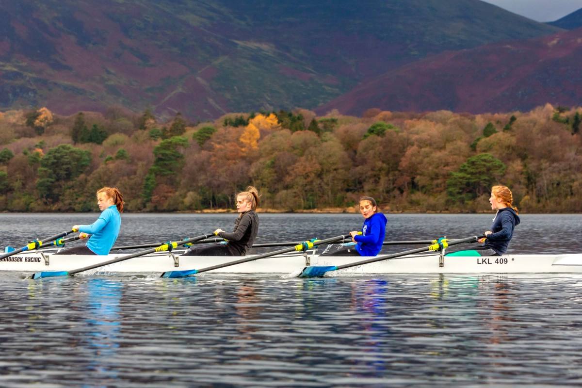 A Lakeland RC girl’s crew of Ella Horne (at stroke), Olena Rawlinson, Anna Campion and Betsy Lucas take part in the trial