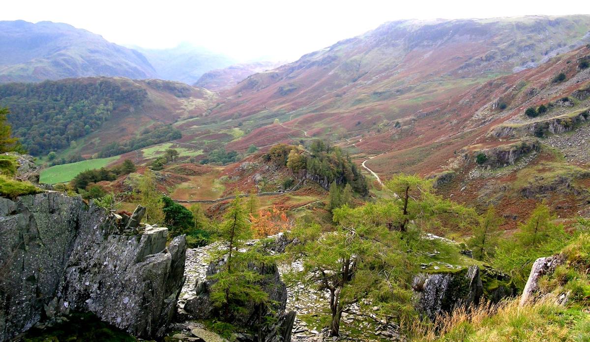 The head of Borrowdale seen from a rocky outcrop with the valley opening below