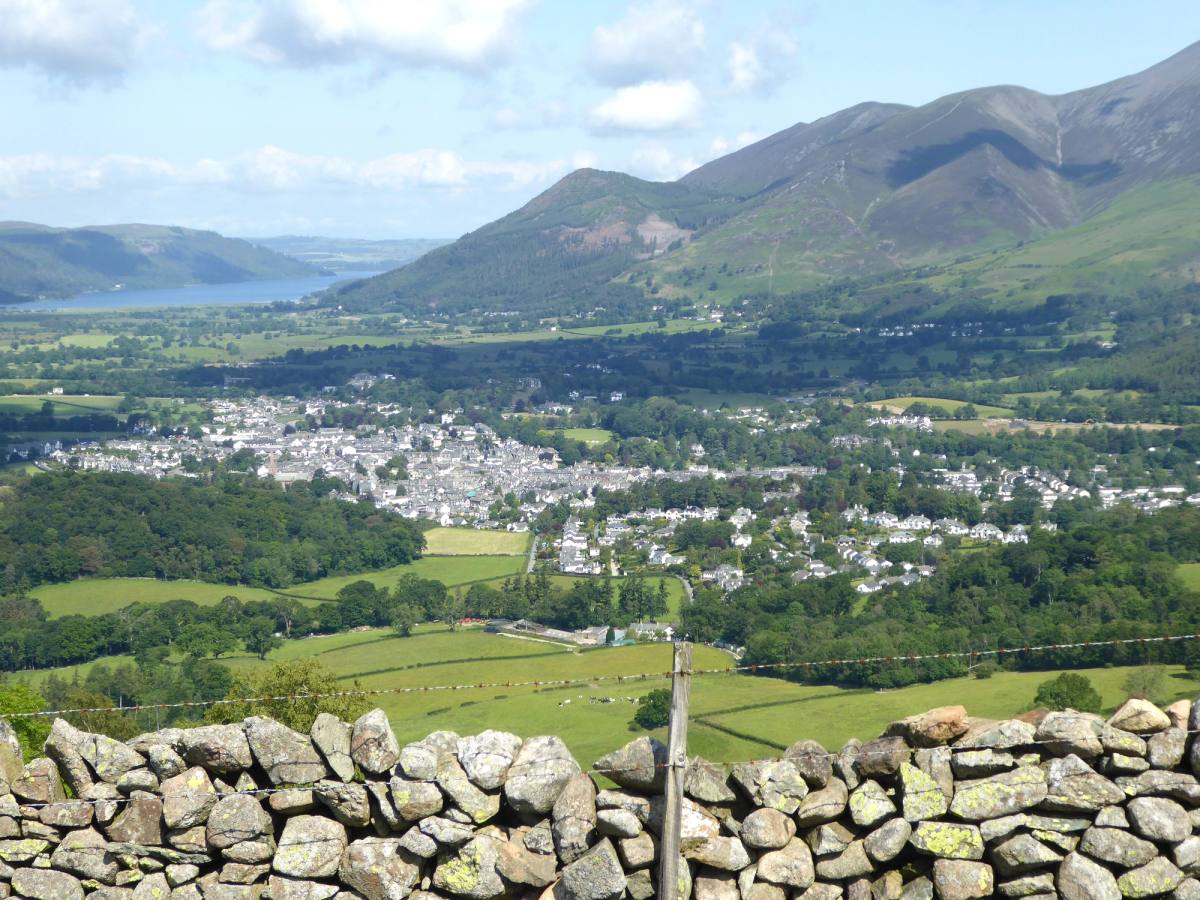 Keswick and the vale seen across the top of a drystone wall from Walla Crag