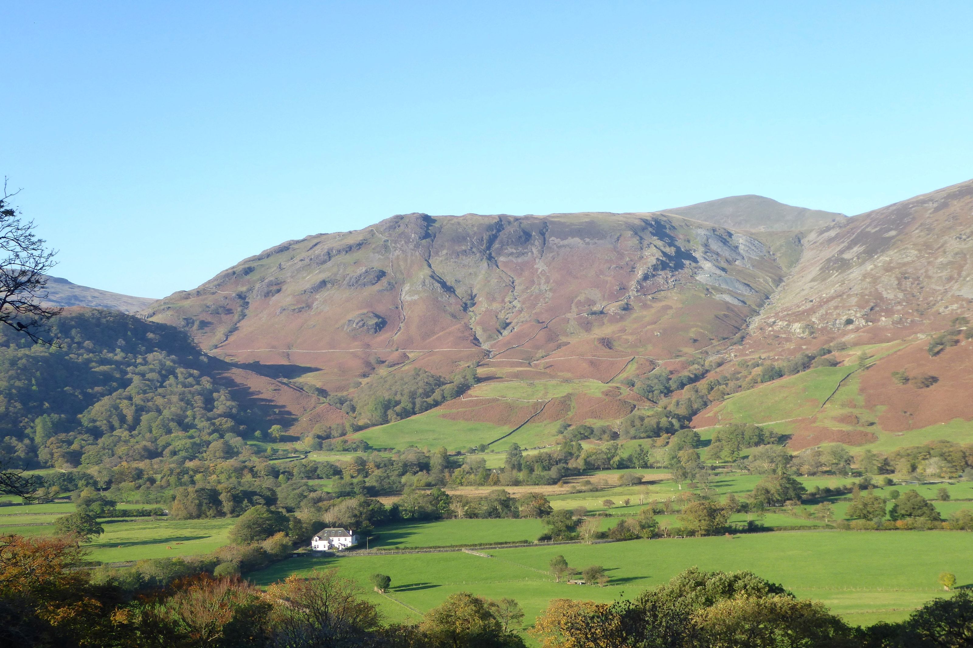 A wide green valley of hedged fields with a long fell ridge above it