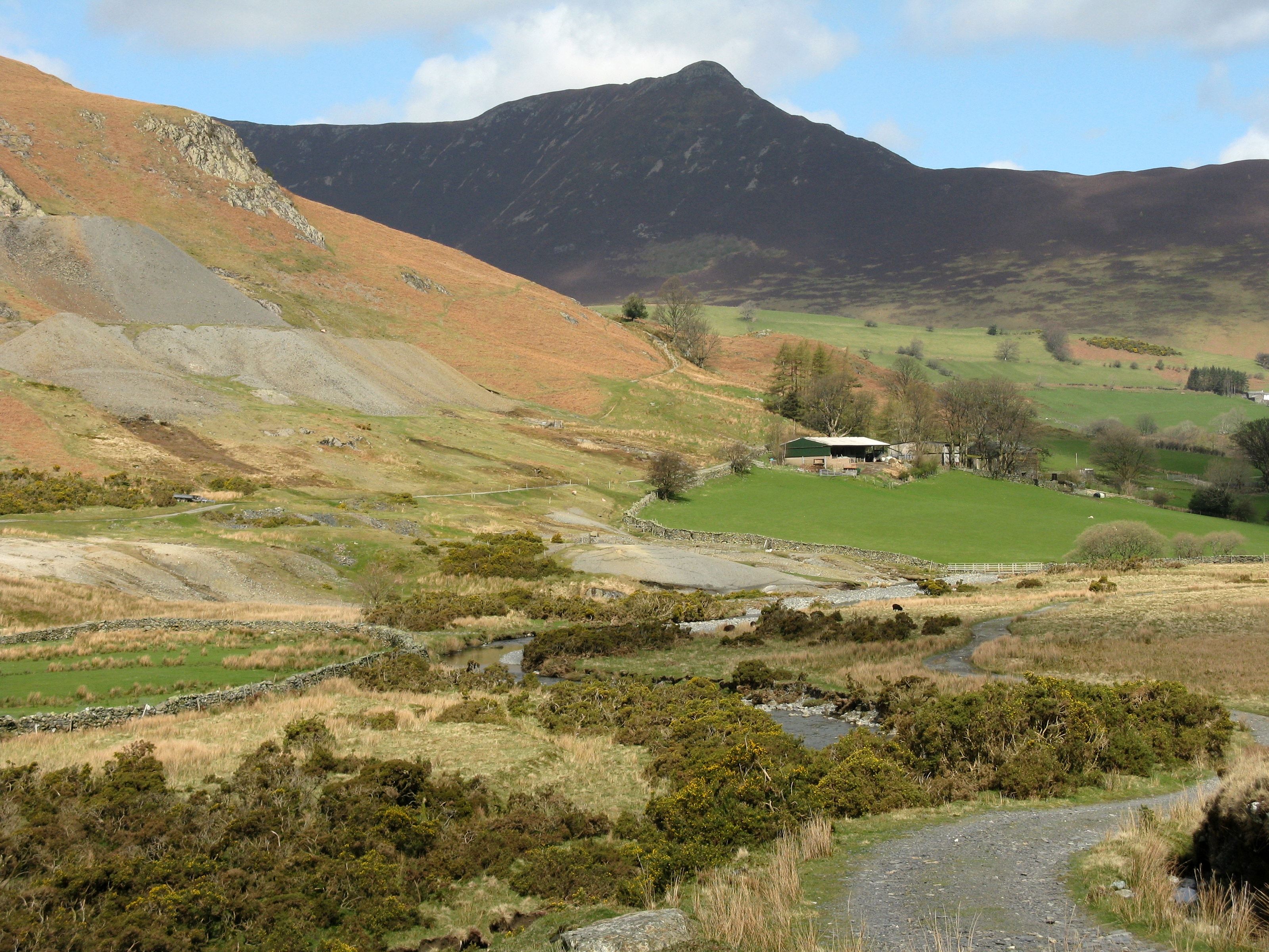 The ridge of Causey Pike rising above the farms and fields of the Newlands valley