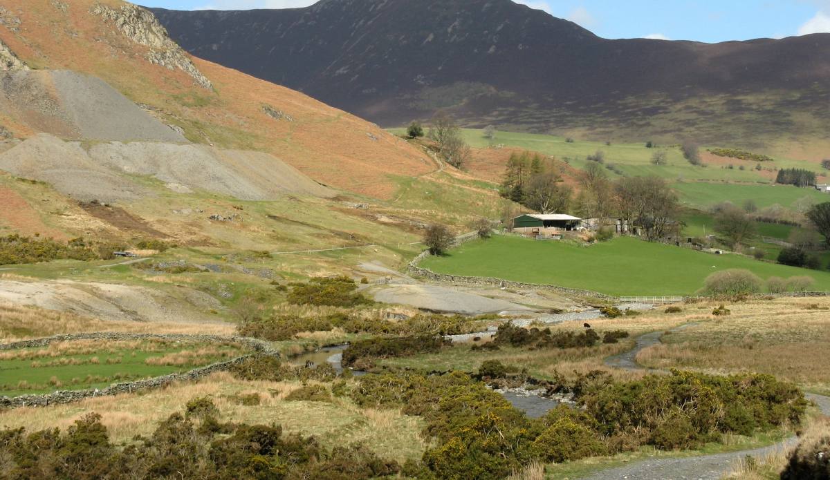 The ridge of Causey Pike rising above the farms and fields of the Newlands valley
