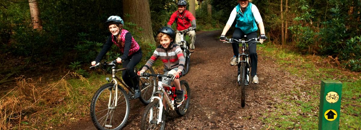 FAmily cycling in the forest. credit Forestry England/Crown copyright