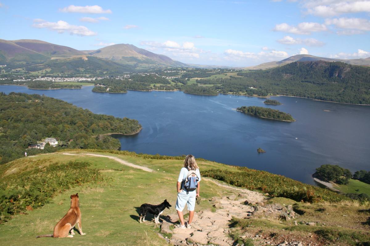 A walker and two dogs on a fellside path high above Derwentwater