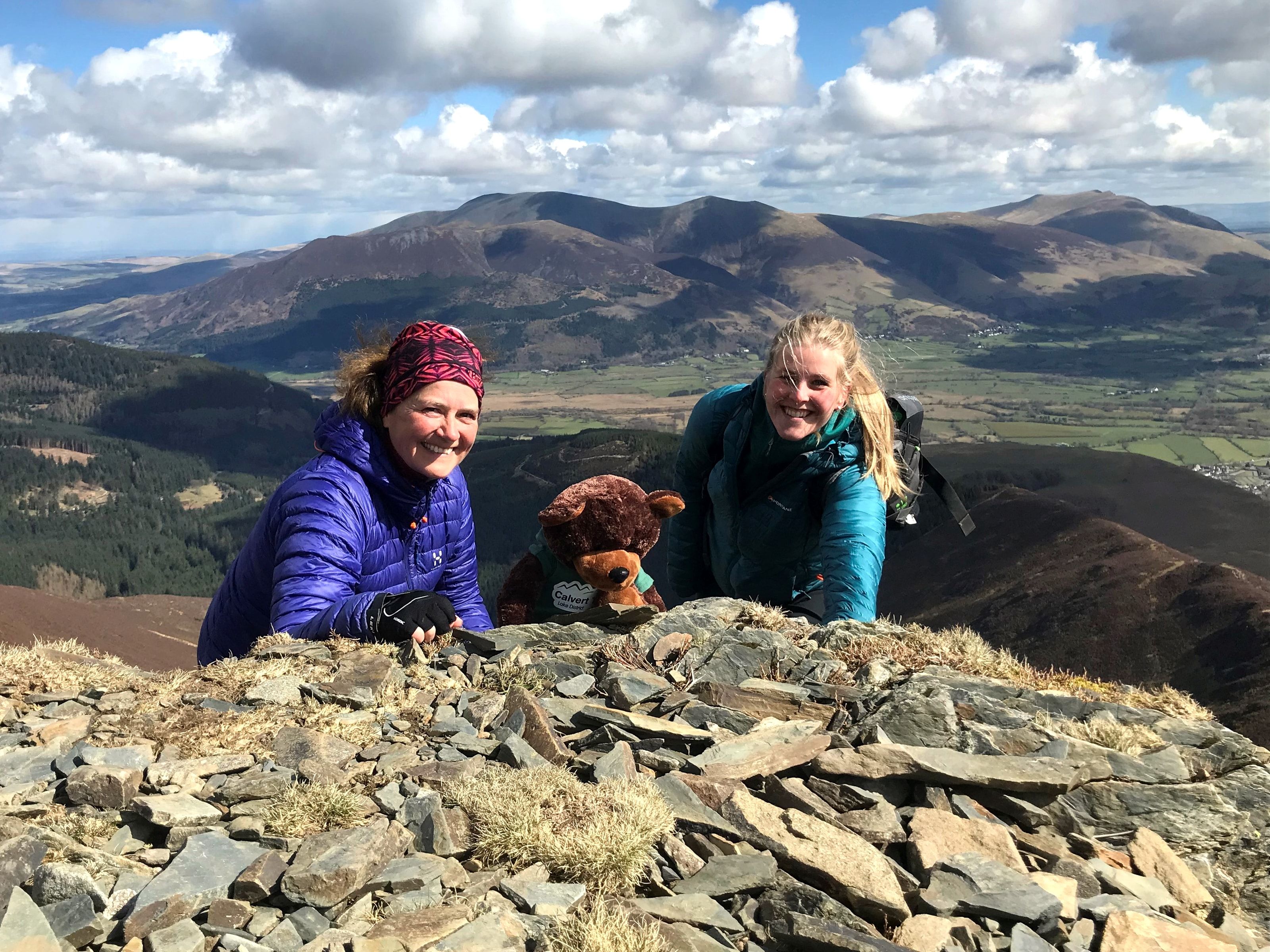 Helen Hunt, (who has planned, set up and will lead the Rotary 5 Peaks Challenge), together with Rosie Cumella, a member of the Calvert Lakes Fund raising staff, and also in the challenge team, on a training exercise with Calvert Bear