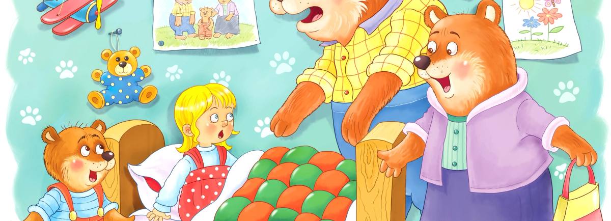 Cartoon image of the 3 bears finding goldilocks in bed