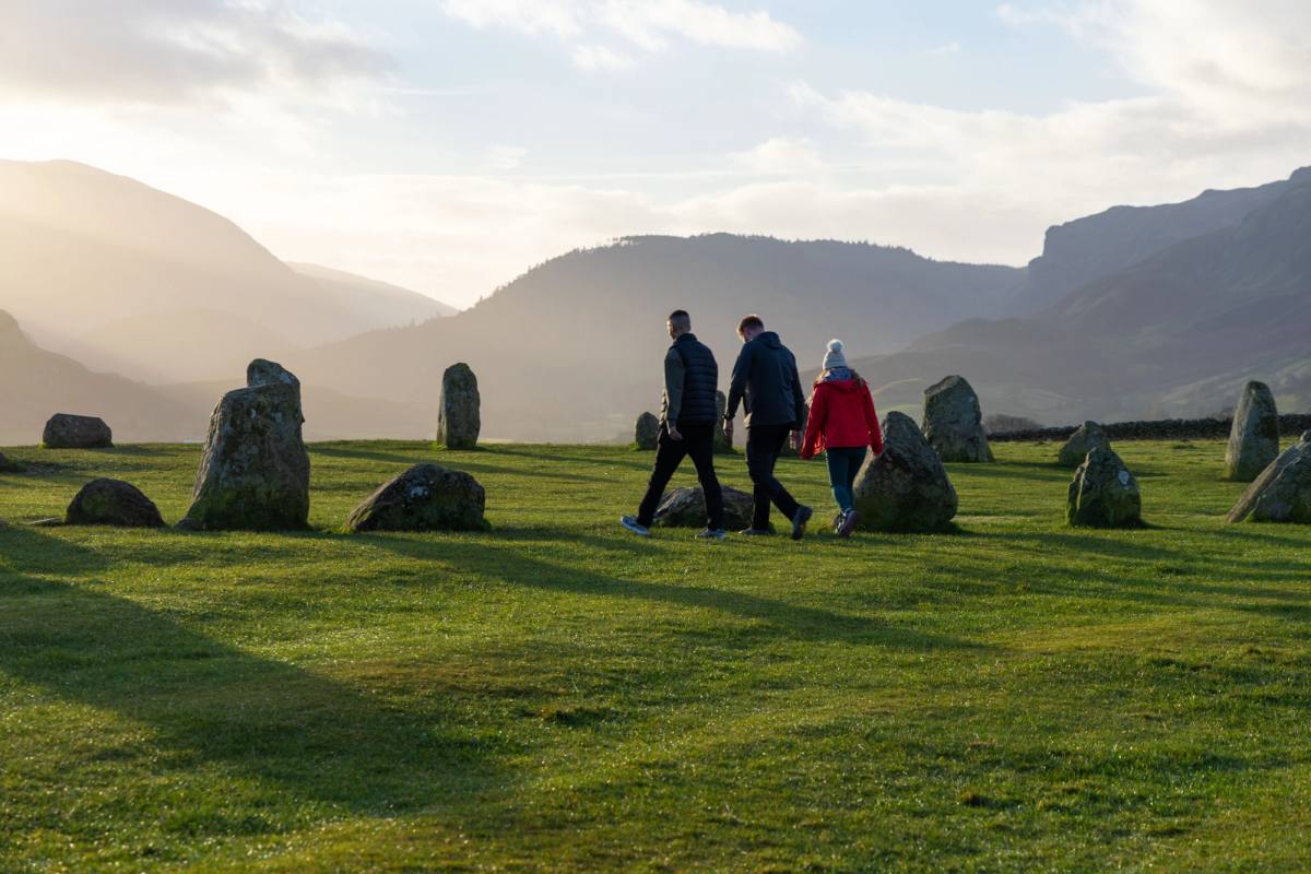The full ring of Castlerigg stones on open pasture with fells on every side