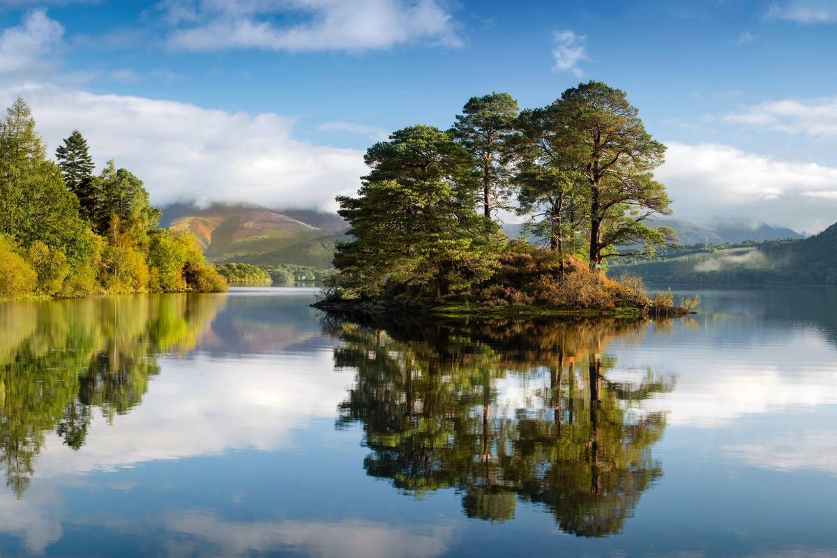 A small pine-topped island on Derwentwater, reflected in still water