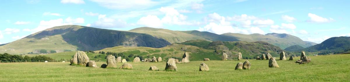 The full ring of Castlerigg stones on open pasture with fells on every side