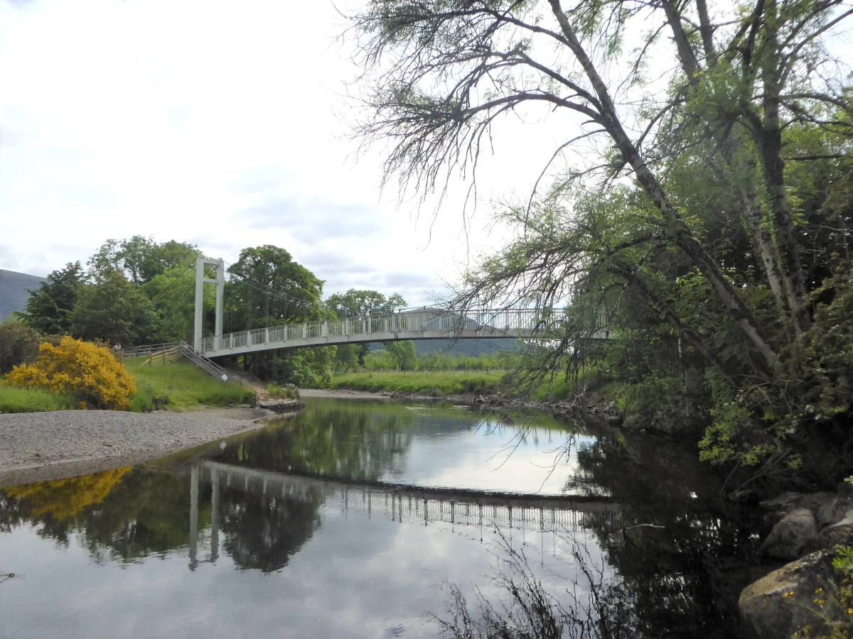 A white suspension footbridge crossing the river Derwent between wooded banks