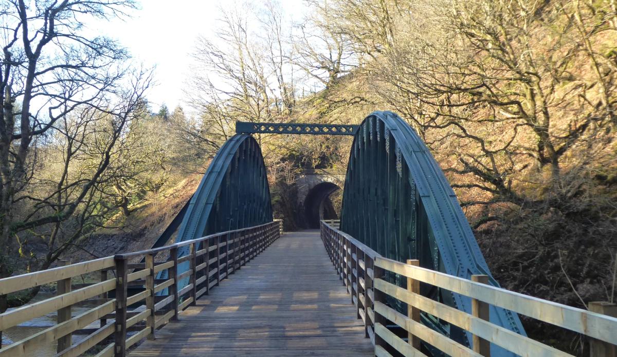 A blue iron truss bridge carrying the boardwalk path across the river