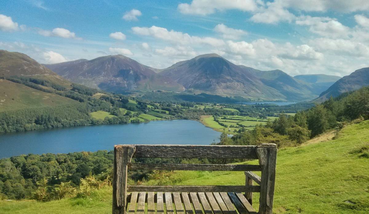Bench view from Loweswater Terrace overlooking loweswater lake and the mountains behind