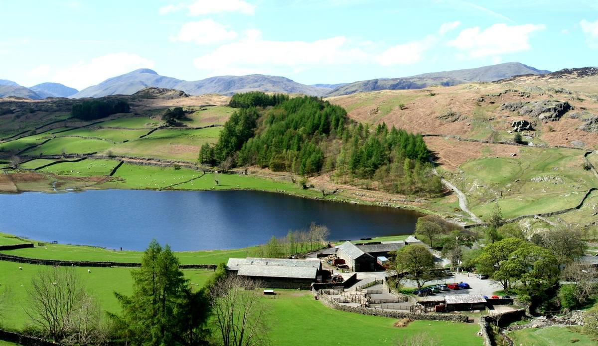 Watendlath Tarn lying among walled fields high in the fells