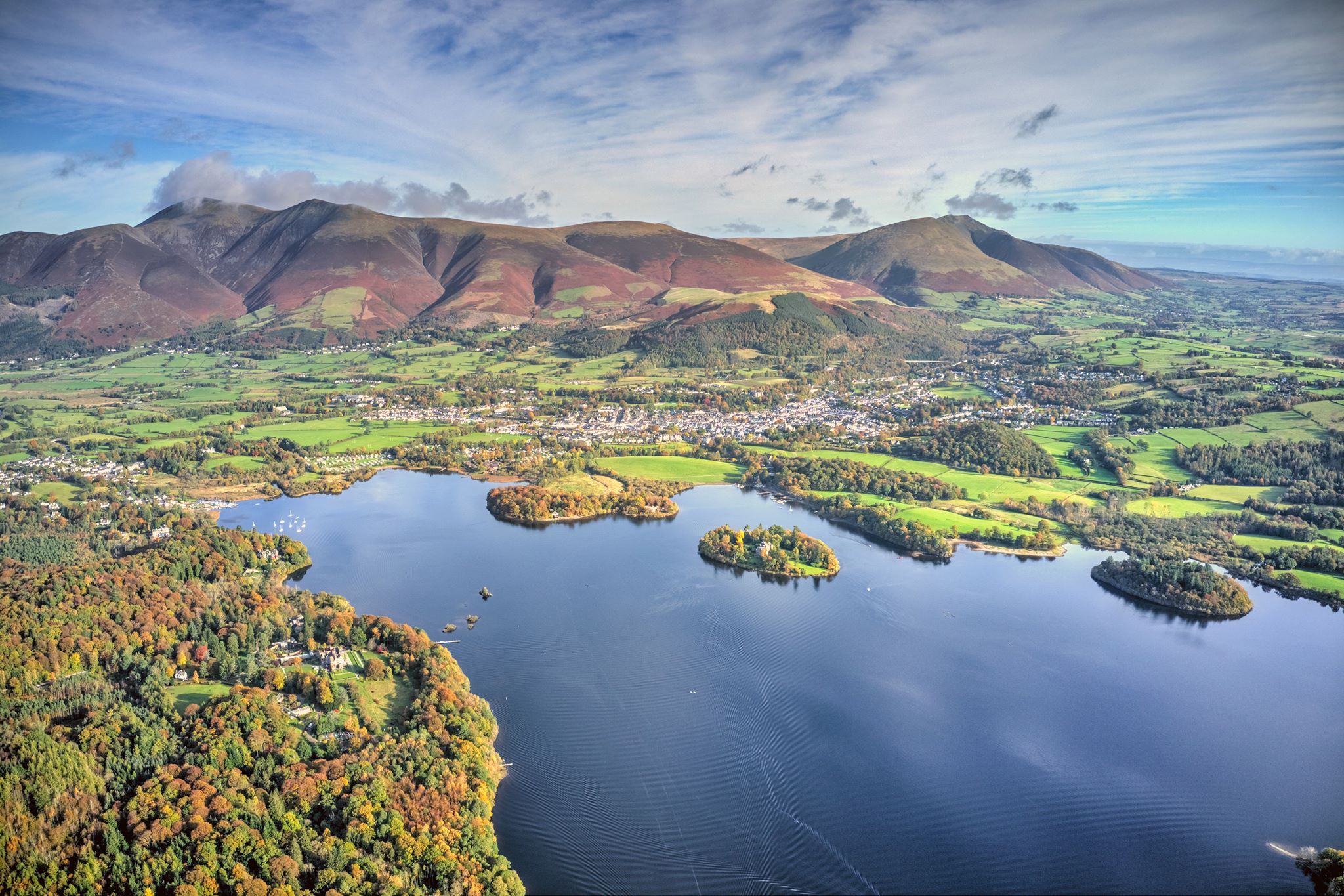 Keswick town and Derwentwater seen together from high on the fell