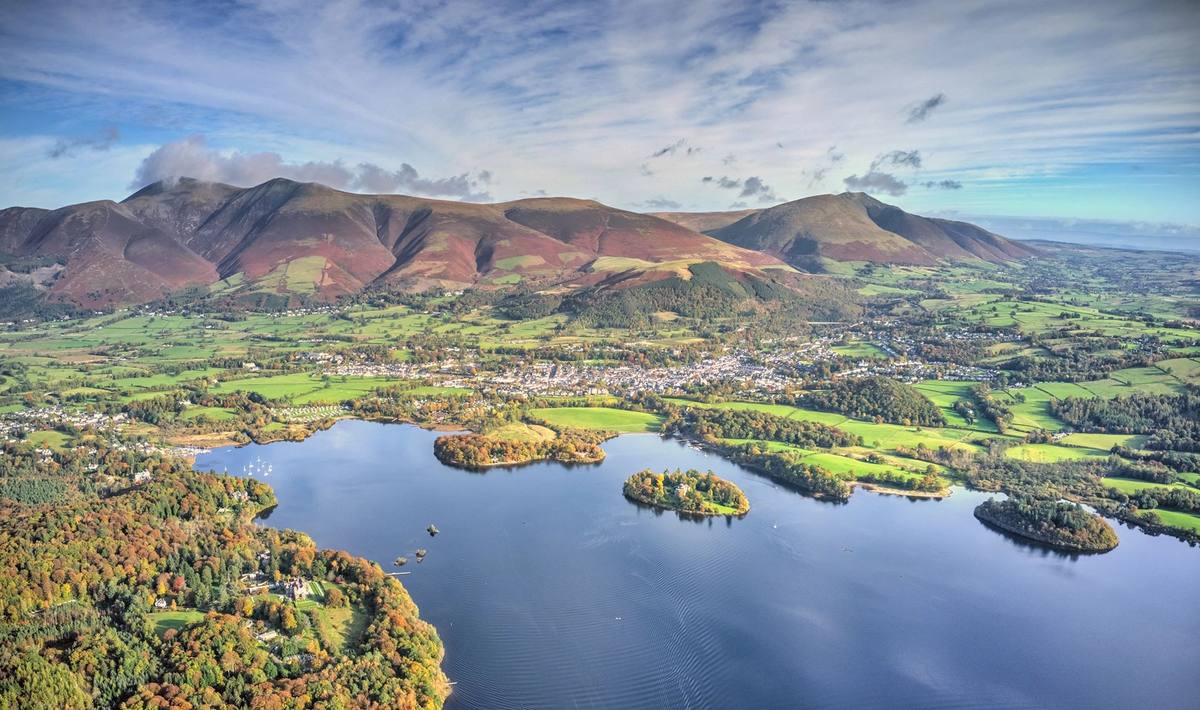 Keswick town and Derwentwater seen together from high on the fell