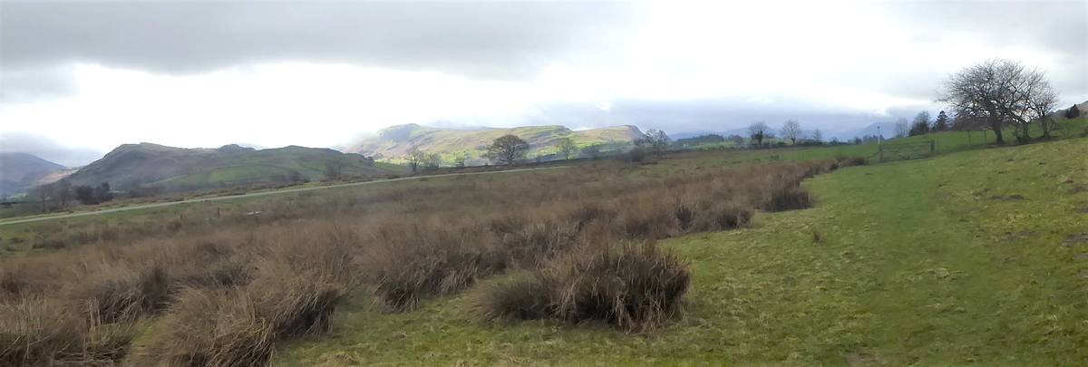 Rough tussocky pasture running out to fells lost in low cloud