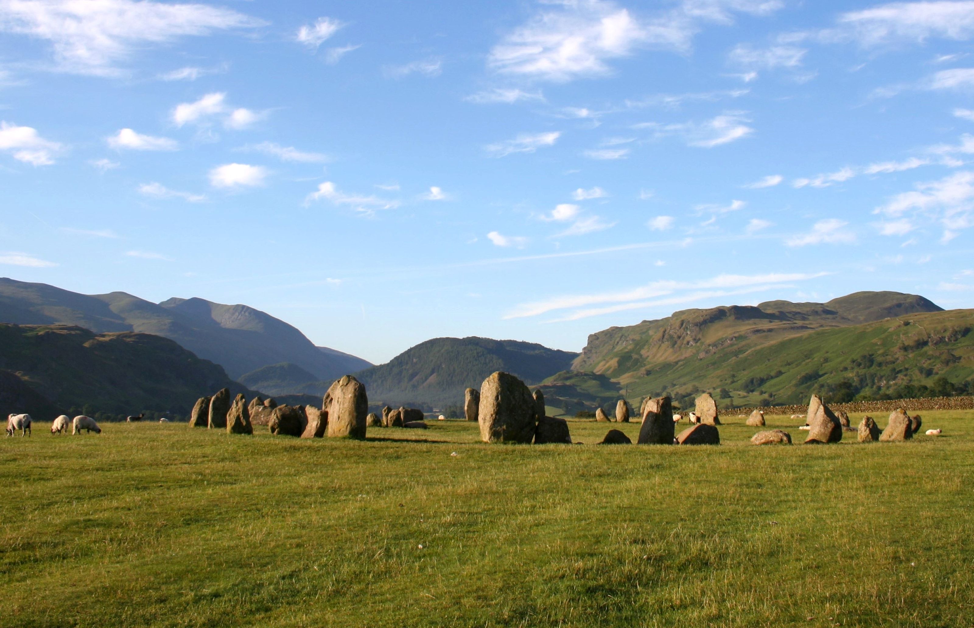 The Castlerigg stone circle on open grass with the fells rising all around
