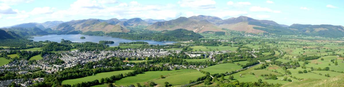 Keswick town and the whole of Derwentwater seen from high on the surrounding fells