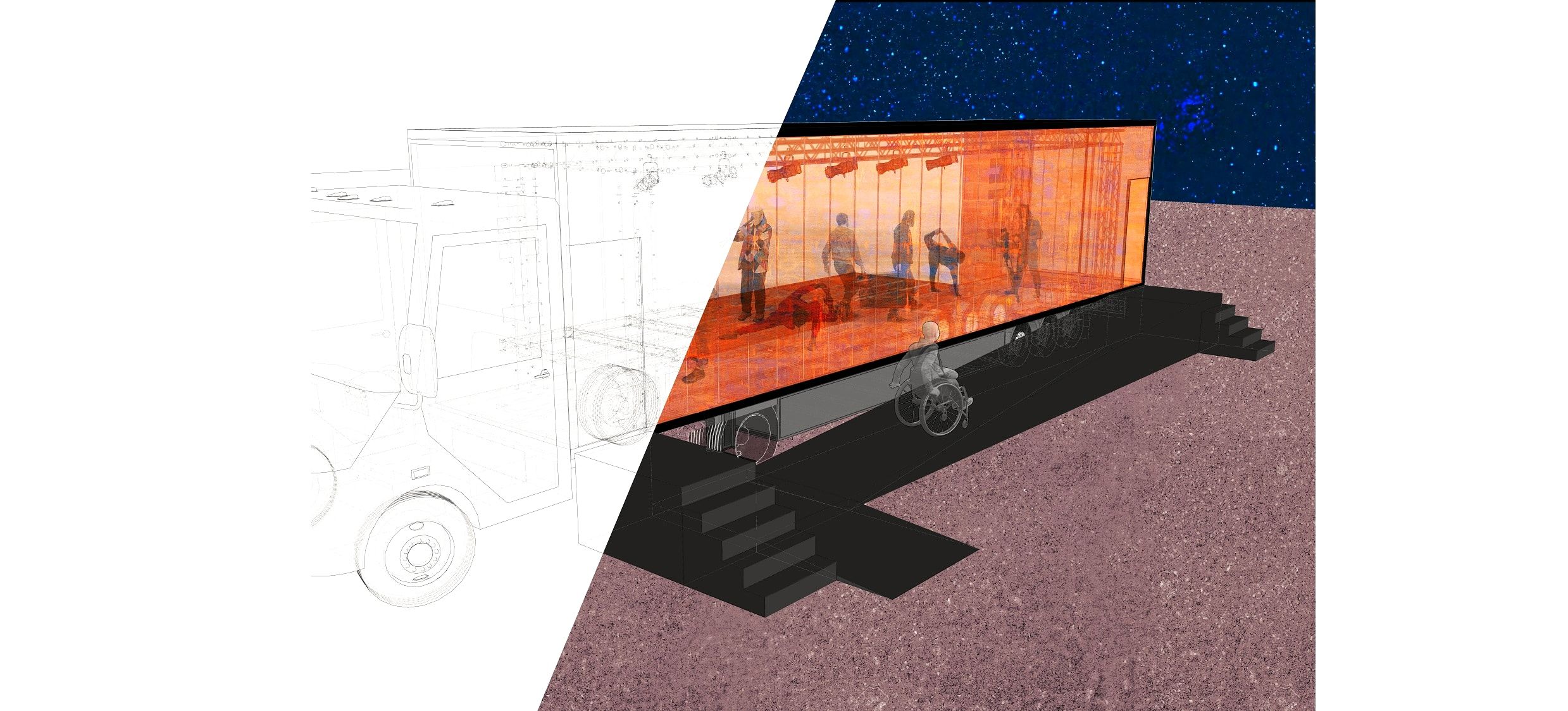Computer generated image showing trailer stage for Trailer Story production