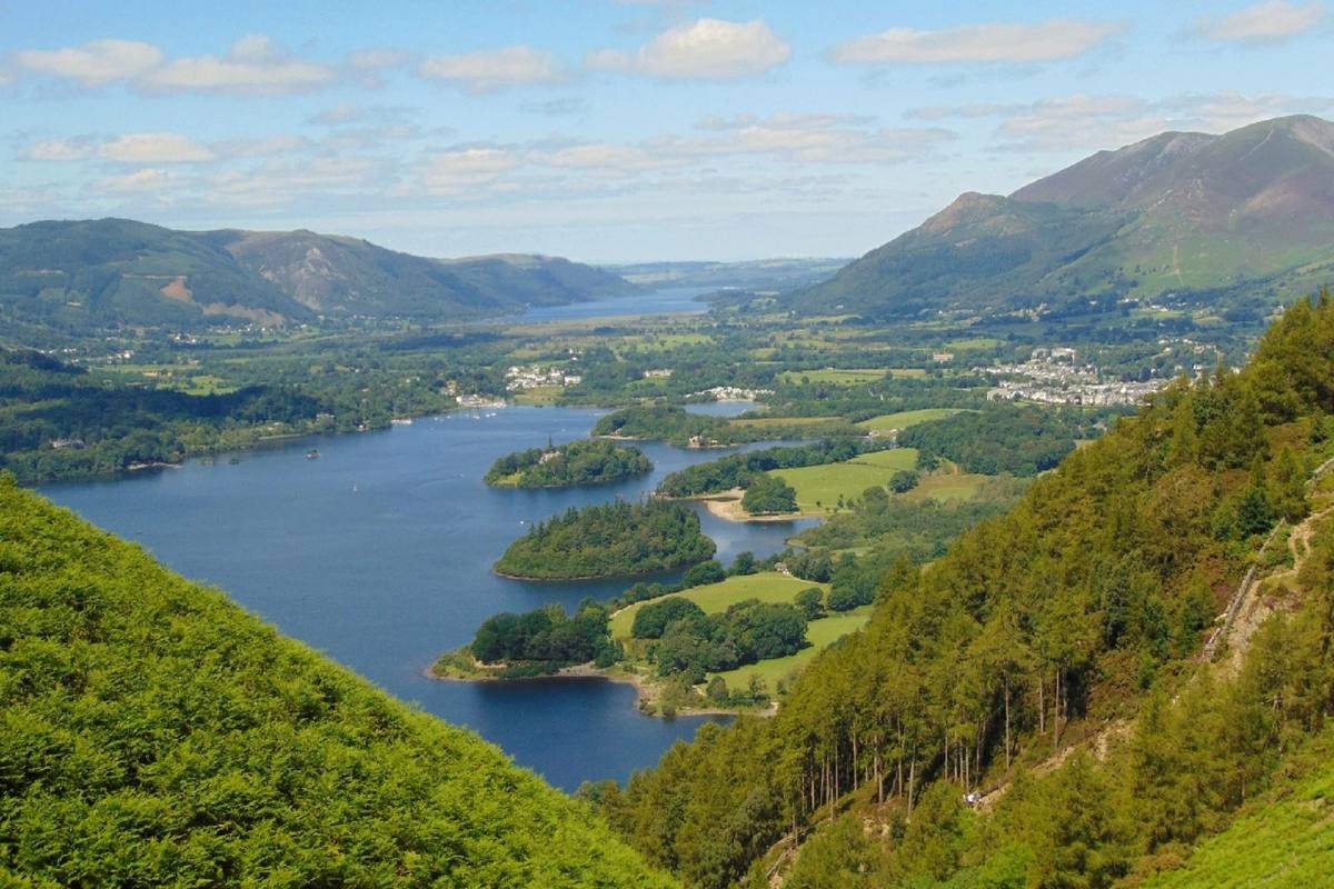 Keswick and the head of Derwentwater seen from the wooded edge of Walla Crag