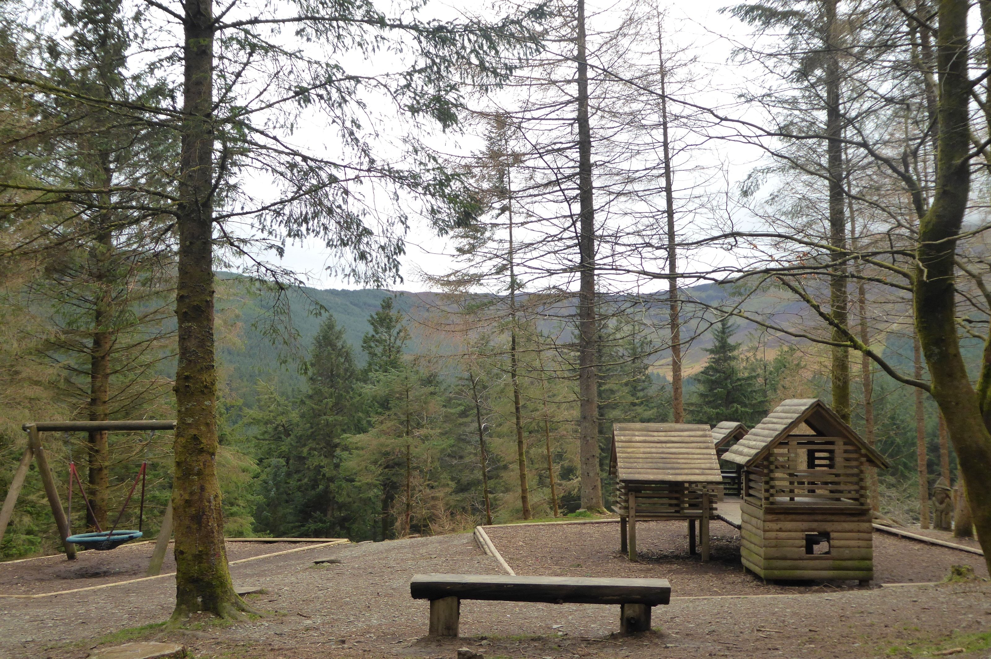 A timber play den and picnic benches in a clearing among tall forest conifers