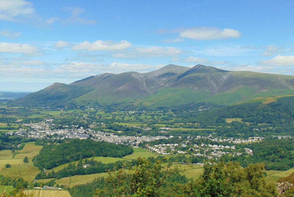 Keswick town spread across the valley floor seen from high on the fells