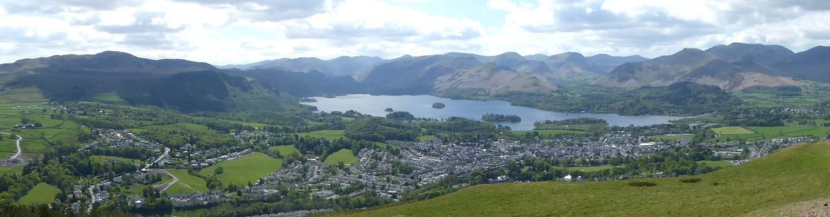 Keswick town and Derwentwater seen together from high on the fell