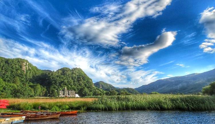 Wooden rowing boats drawn up among the reeds at the lake edge