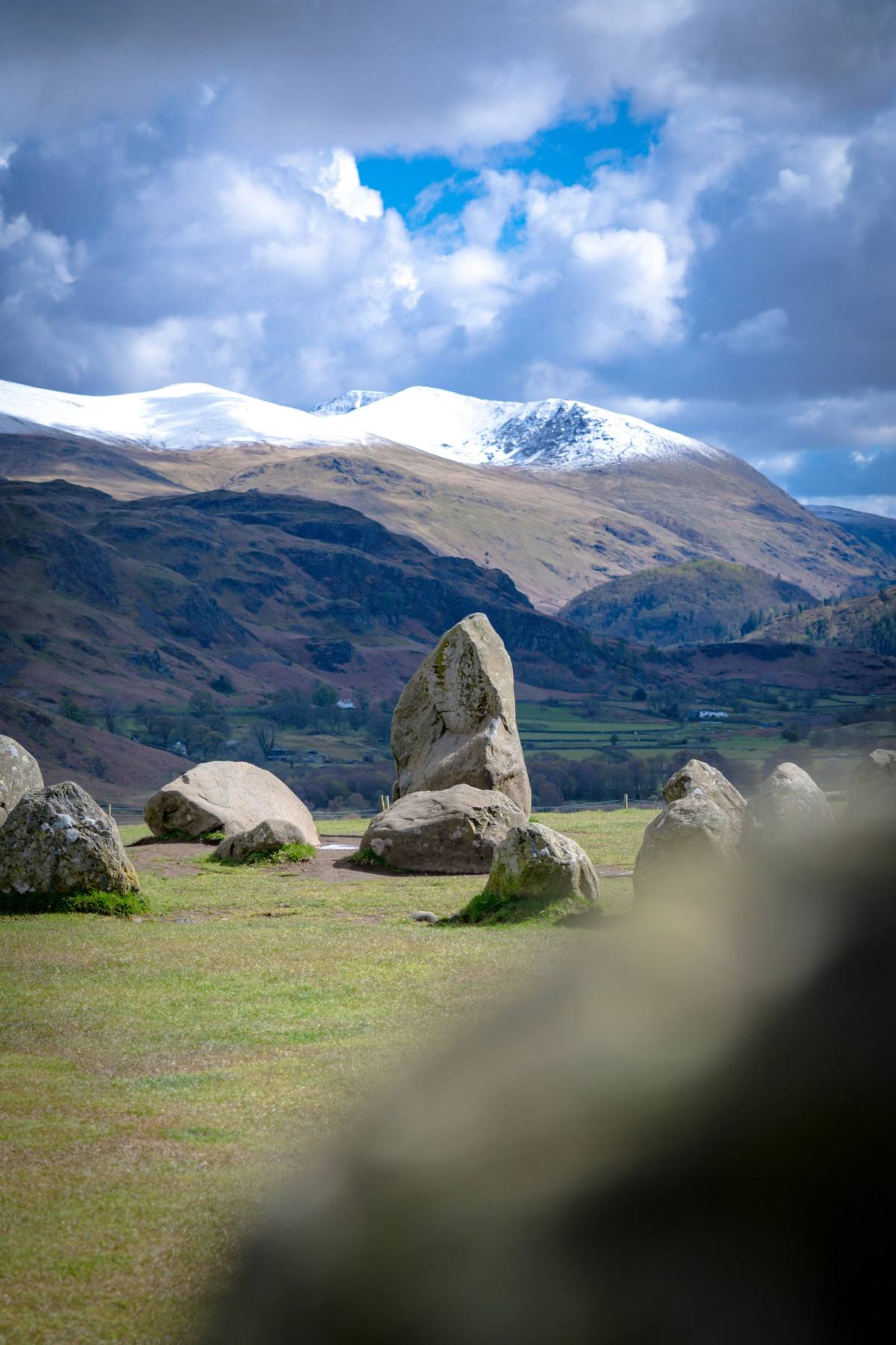 The Castlerigg stone circle on open grass with fells beyond